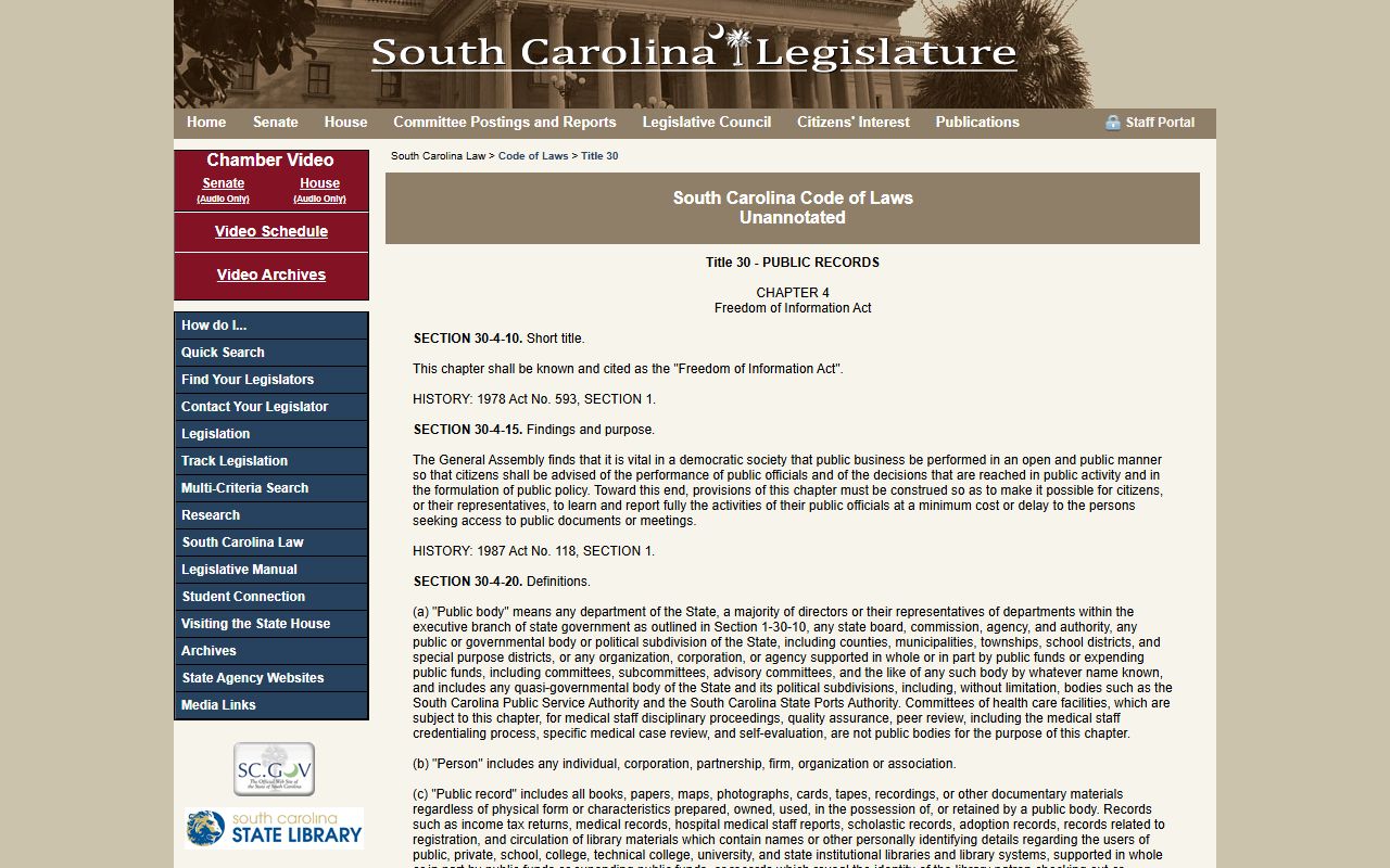 South Carolina Freedom of Information Act statute for busted mugshots access
